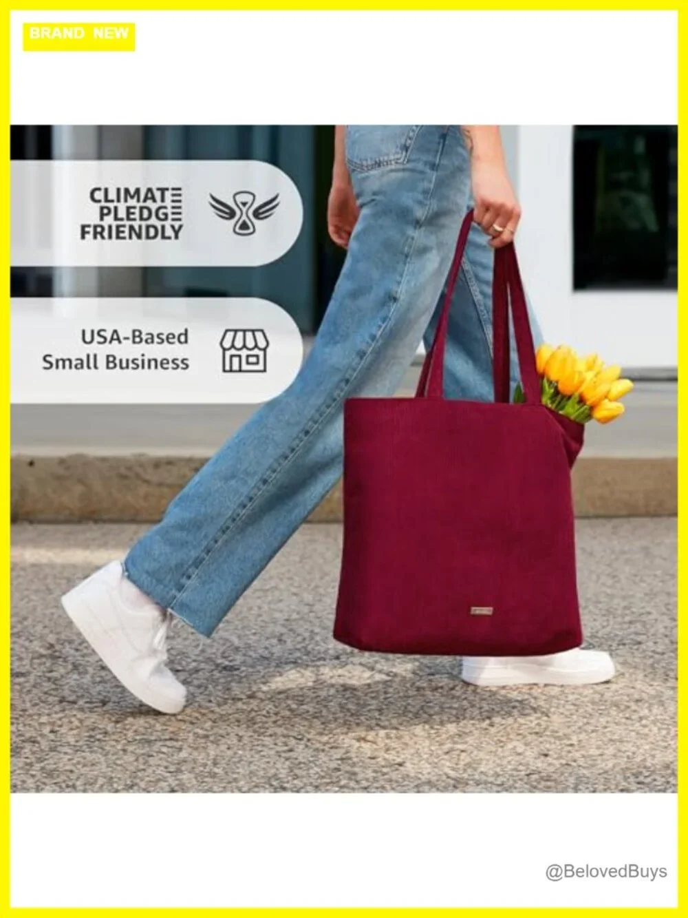 Corduroy Tote Bag with Zipper, Interior Pockets, Machine Washable, Fits Laptop